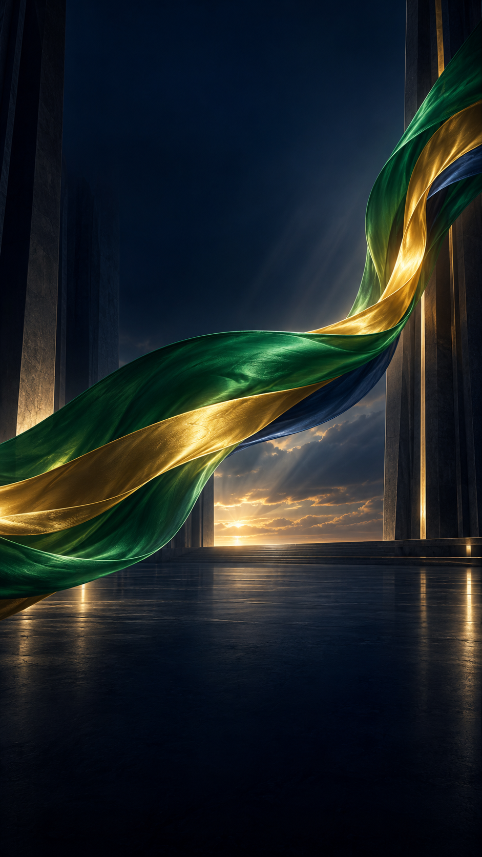 Fita verde e dourada atravessando uma arquitetura monumental em luz cinematográfica